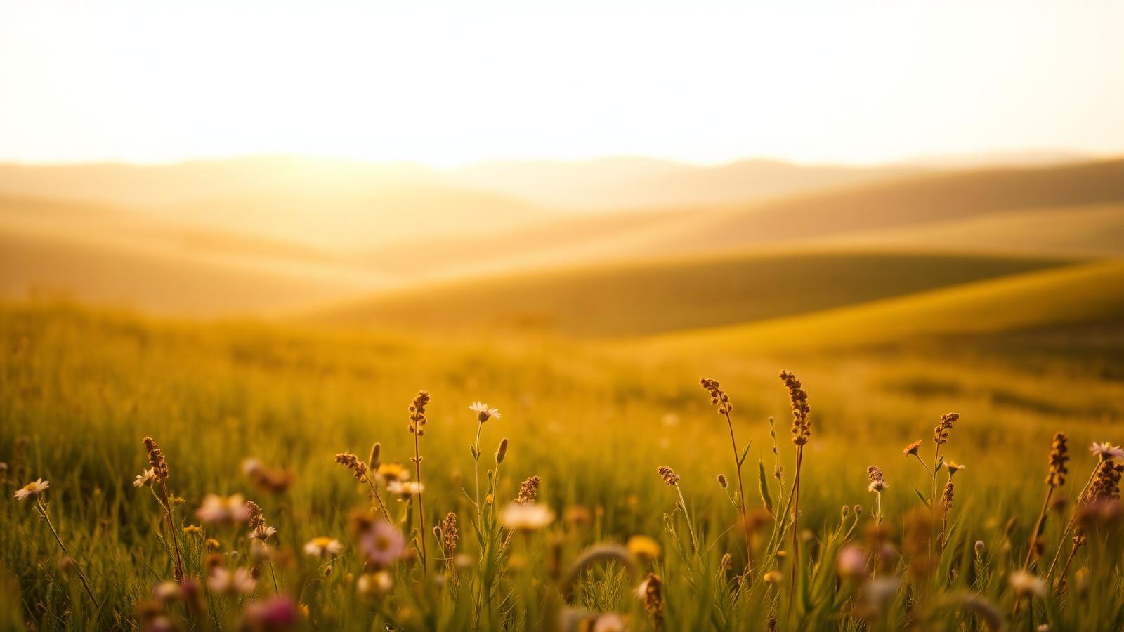 A calm sunlit meadow at golden hour